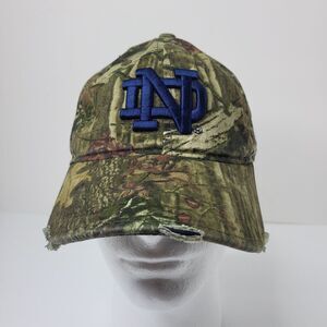 OC Sports Cap Norte Dame‎ Camo Embroidered Adjustable Green Brown Distressed Hat